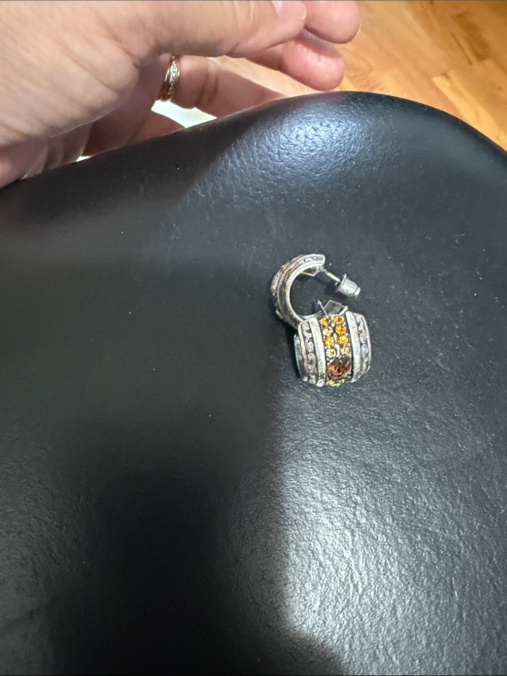 Brighton Silver Hinge Hoop Earrings with Amber and Clear Crystals